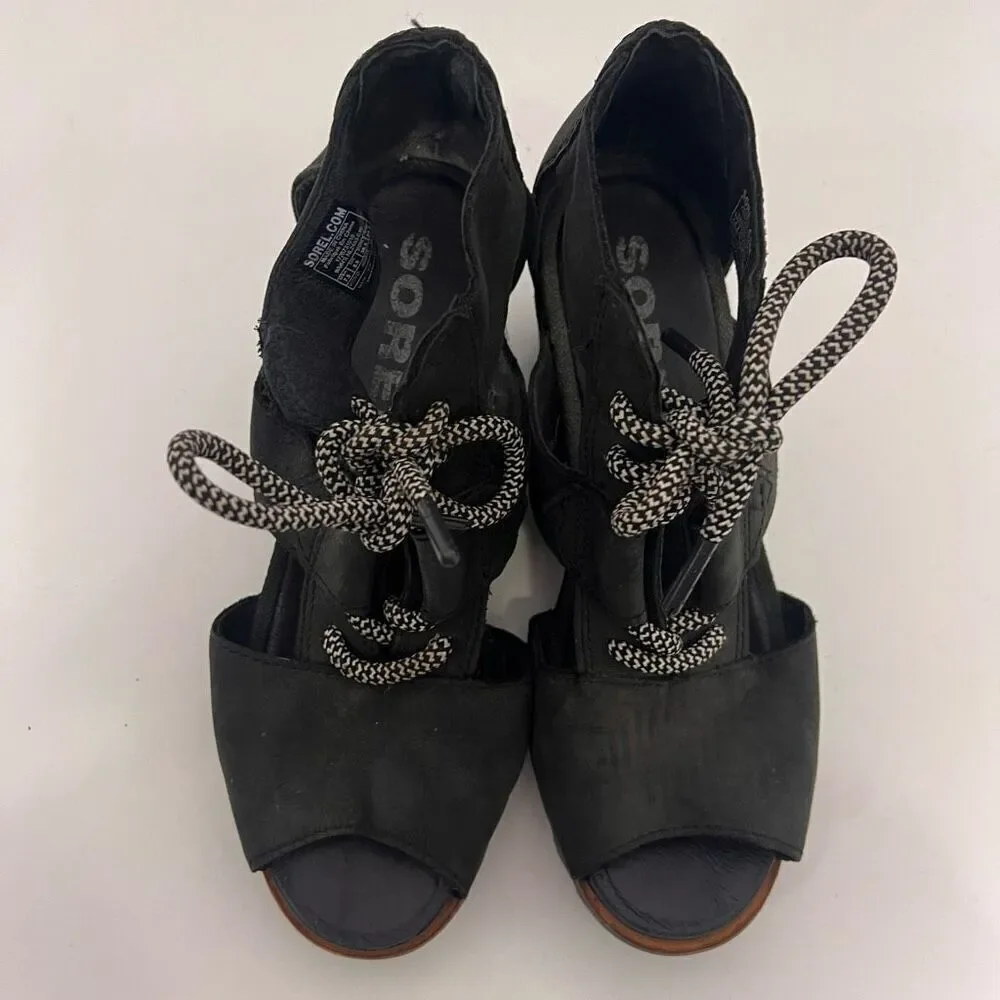 Sorel Black Leather Cutout Detail Lace Up Wedge‎ Sandals